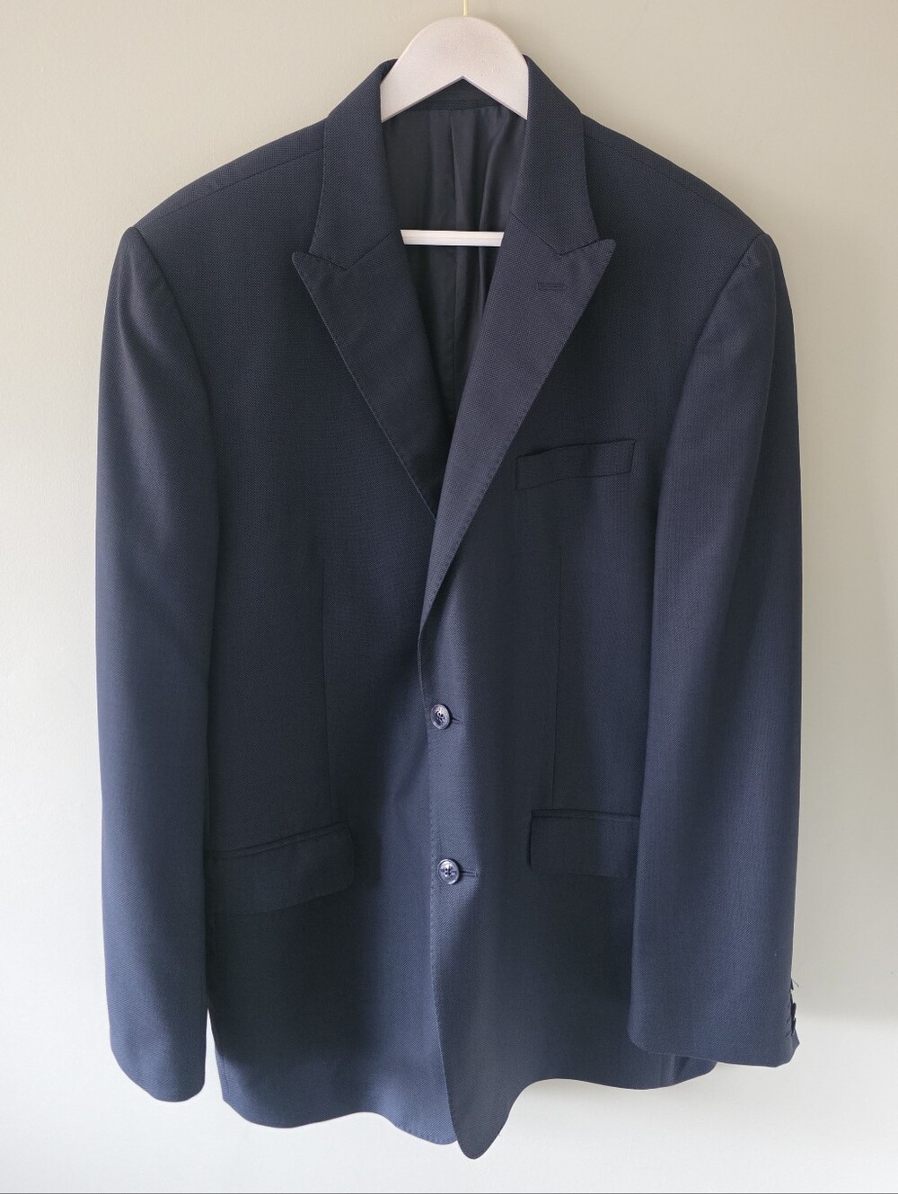 Valentino 44R Navy Textured Micro-Weave Peak Lapel Wool Blazer Luxury Old Money
